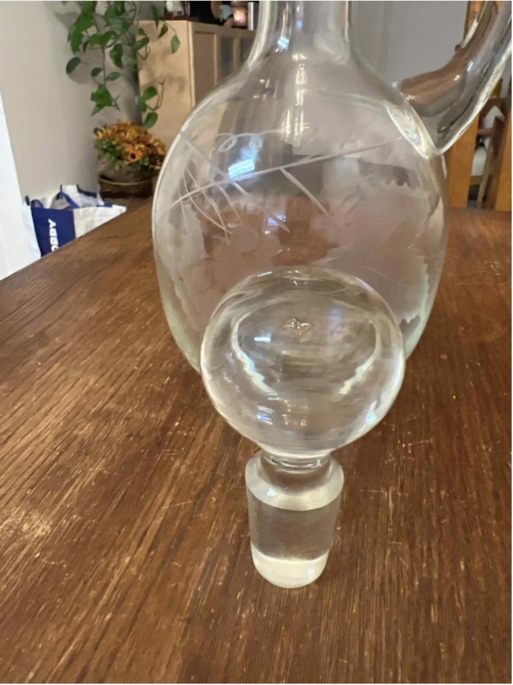 Vintage Etched Glass Decanter w Stopper Grapevine & Leaf Design Heavy Solid